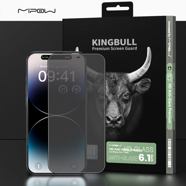 Miếng dán cường lực MIPOW KINGBULL CHỐNG VÂN TAY HD ANTI GLARE PROTECTOR cho iPhone 15 | 15 Plus | 15 Pro | 15 Pro Max  (FULL VIỀN ĐEN)