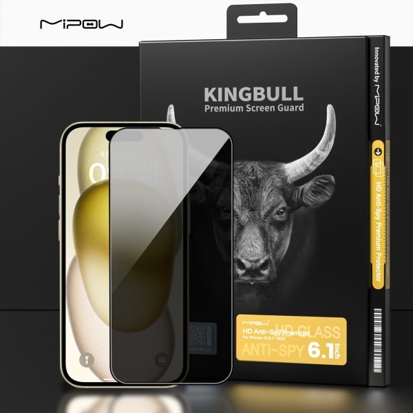 Miếng dán cường lực MIPOW KINGBULL HD CHỐNG NHÌN TRỘM ANTI SPY PROTECTOR cho iPhone 15 | 15 Plus | 15 Pro | 15 Pro Max  (FULL VIỀN ĐEN)