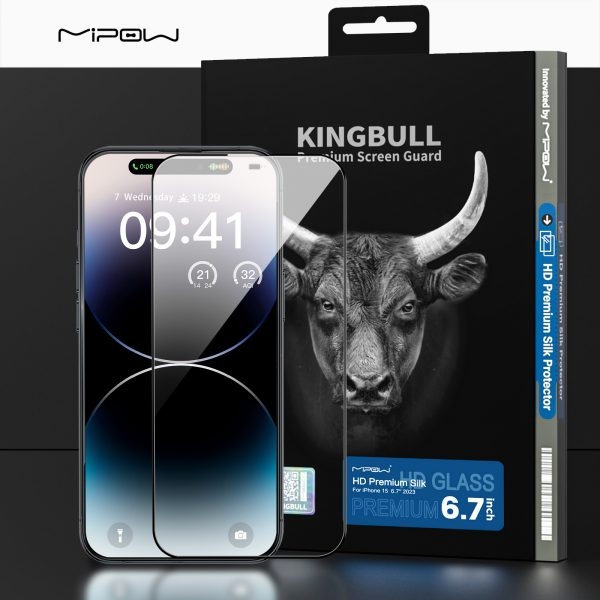 Miếng dán cường lực MIPOW KINGBULL PREMIUM SILK HD (2.7D) cho iPhone 15 | 15 Plus | 15 Pro | 15 Pro Max  (FULL VIỀN ĐEN)