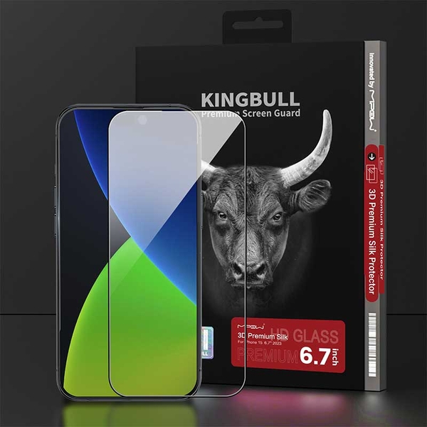 Miếng dán cường lực MIPOW KINGBULL PREMIUM SILK PROTECTOR 3D cho iPhone 15 Pro | 15 Pro Max  (FULL VIỀN ĐEN)