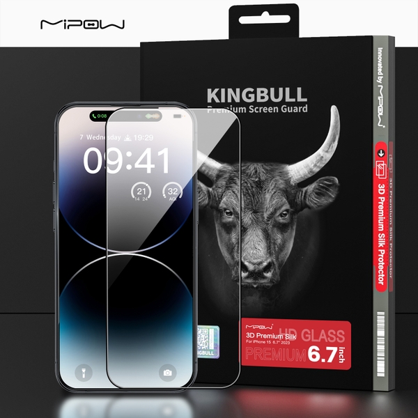 Miếng dán cường lực MIPOW KINGBULL PREMIUM SILK PROTECTOR 3D cho iPhone 15 Pro | 15 Pro Max  (FULL VIỀN ĐEN)