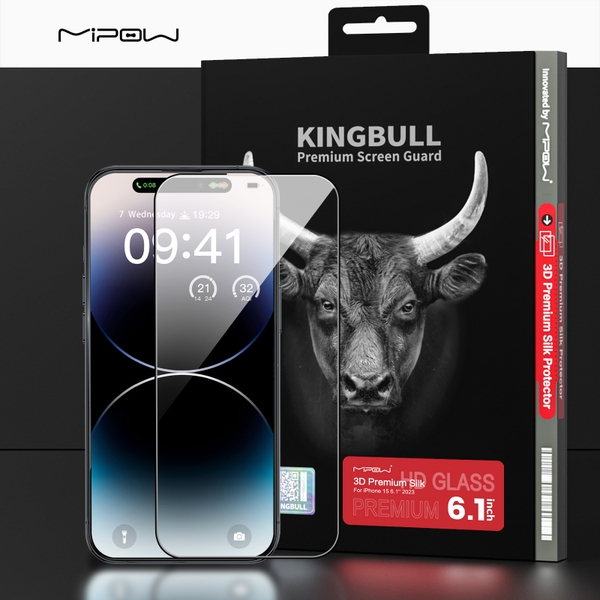 Miếng dán cường lực MIPOW KINGBULL PREMIUM SILK PROTECTOR 3D cho iPhone 15 Pro | 15 Pro Max  (FULL VIỀN ĐEN)