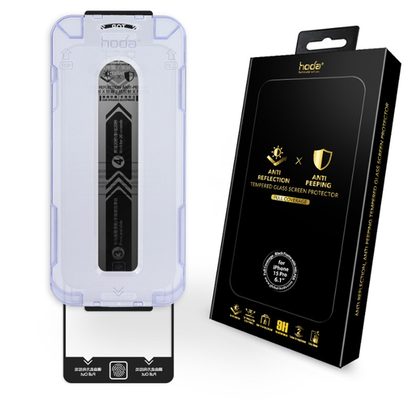 Miếng dán cường lực kèm khung trợ dán HODA 2 in 1 chống nhìn trộm và chống phản chiếu cho iPhone 15 Pro Max