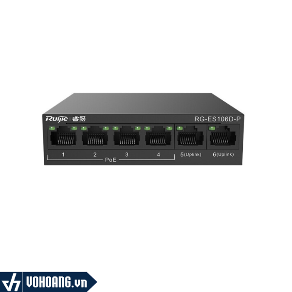 Ruijie RG-ES106D-P | Switch 6 Port Gồm 4 Port PoE+ 58W Giải Pháp Cấp Internet + Nguồn Cho IP Camera, IP Phone