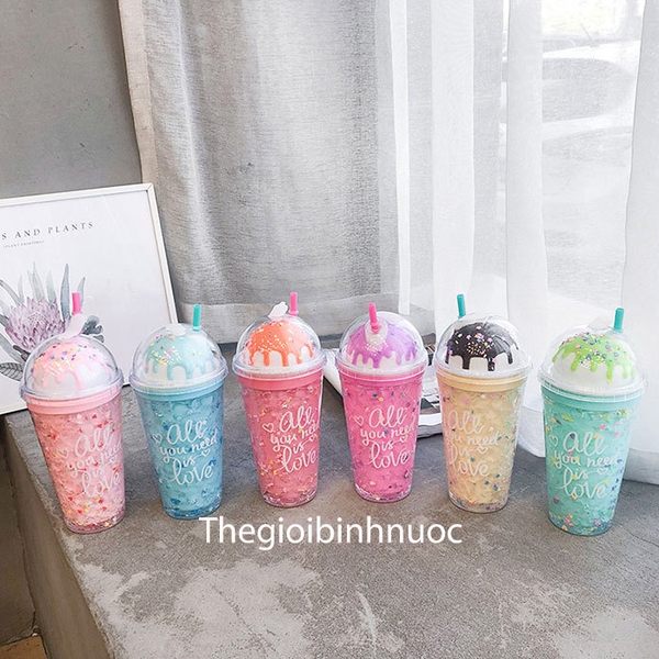 Ly cold Cup Hai Lớp Tặng Kèm Ống Hút Hoạ Tiết Ice Cream 