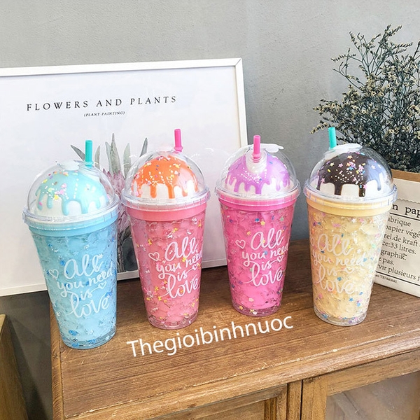 Ly cold Cup Hai Lớp Tặng Kèm Ống Hút Hoạ Tiết Ice Cream 