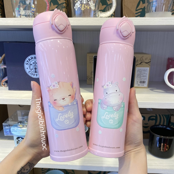 Bình Nước Giữ Nhiệt Nắp Bật Hoạ Tiết Cute