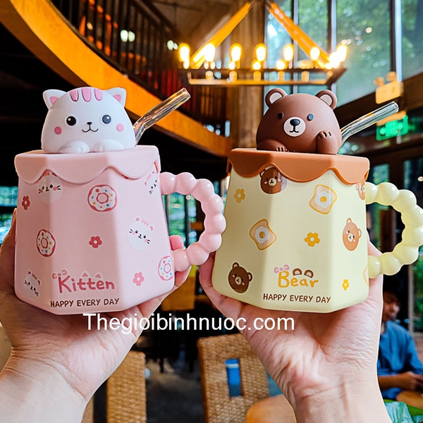 Ly Sứ Văn Phòng Dễ Thương Kèm Ống Hút 400ML