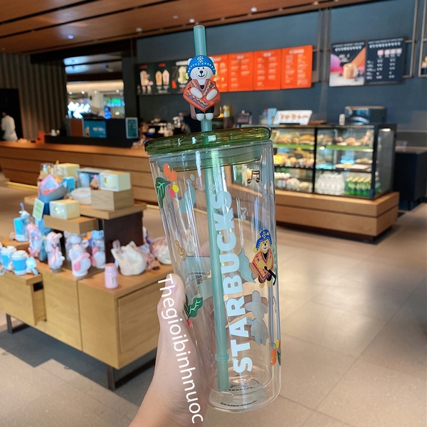 Starbucks Coffee Farmer Bear Double Layer Glass Straw Cup