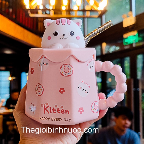 Ly Sứ Văn Phòng Dễ Thương Kèm Ống Hút 400ML
