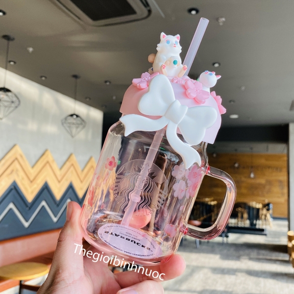 Starbucks 2020 Cherry Blossom 600ml Sakura pink cat bow Mason glass straw cup