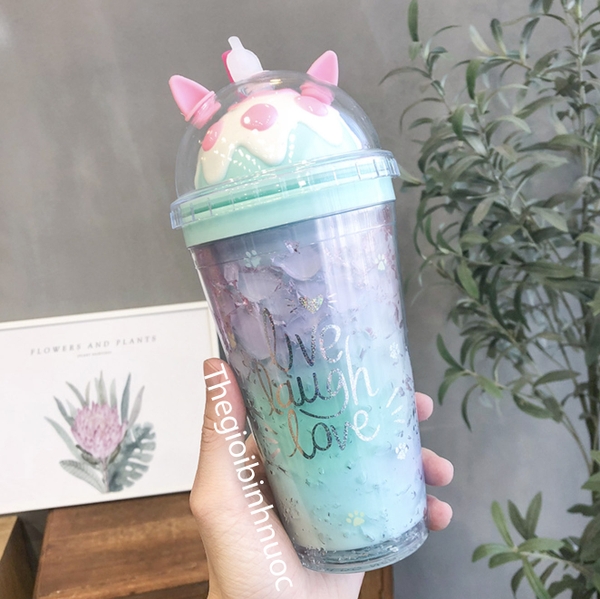 Ly Nhựa Cold Cup Hai Lớp Kèm Ống Hút Dễ Thương 