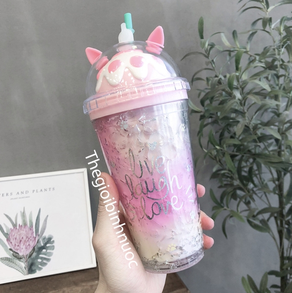 Ly Nhựa Cold Cup Hai Lớp Kèm Ống Hút Dễ Thương 