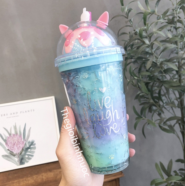 Ly Nhựa Cold Cup Hai Lớp Kèm Ống Hút Dễ Thương 