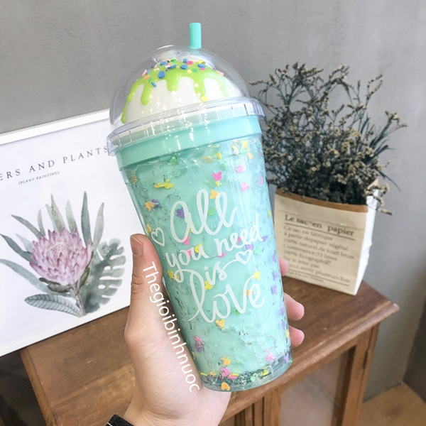 Ly cold Cup Hai Lớp Tặng Kèm Ống Hút Hoạ Tiết Ice Cream 