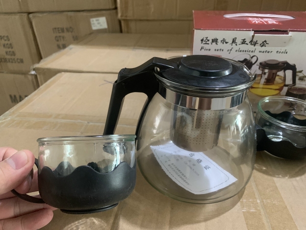 Sỉ In Logo Bộ Bình Thủy Tinh 1000ML Pha Trà Kèm 4 ly