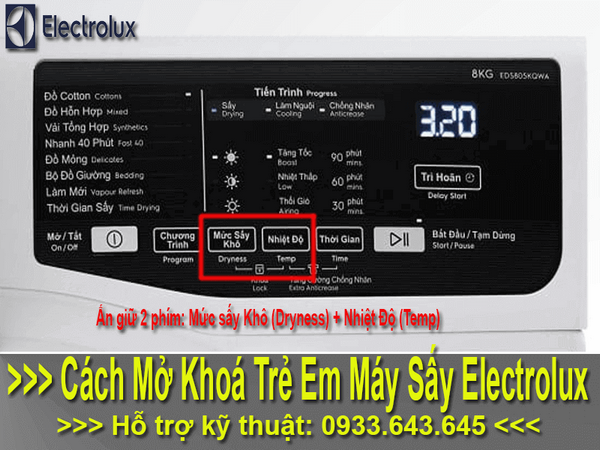 Cách tắt chế độ khoá trẻ em trên máy sấy electrolux