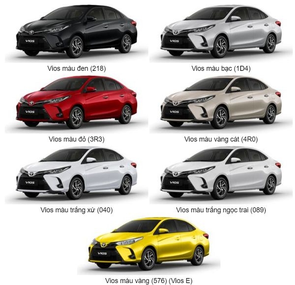 Màu xe Toyota Vios 2023 có 7 màu Đen Đỏ Bạc Xám Vàng Cát Trắng