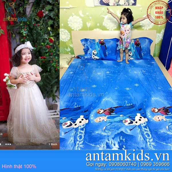 Bộ chăn ga gối Nữ hoàng băng giá Frozen Elsa - Công chúa Anna sắc xanh quyến rũ của Bé Song My_tp.Hồ Chí Minh