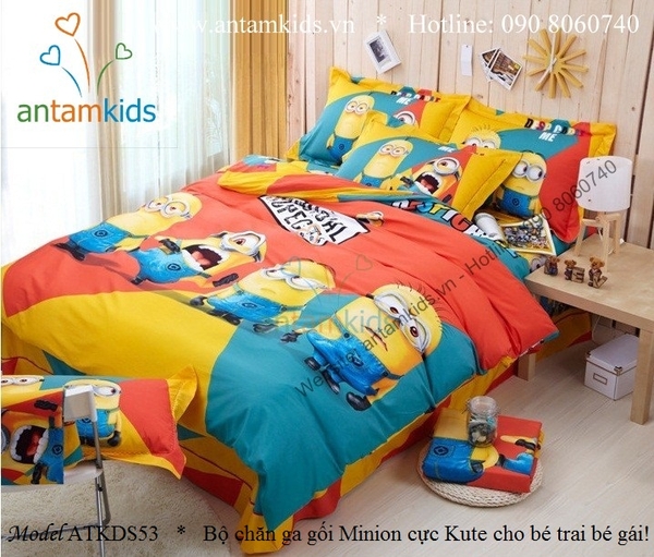 Chăn ga gối hình minion, drap mền trải giường cho bé trai bé gái