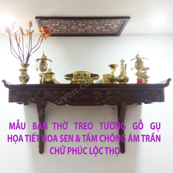 Bàn thờ treo tường gỗ gụ họa tiết Hoa sen KT 69x41. Giá chưa bao gồm tấm ốp trần.