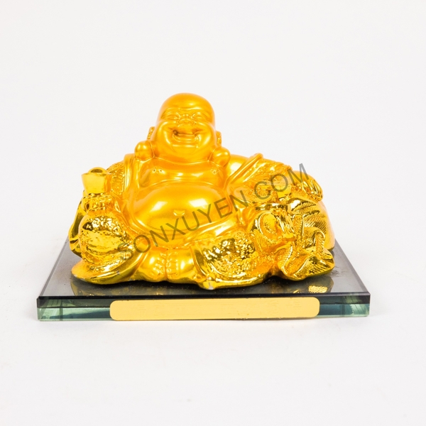 Phật di lặc mạ vàng ngồi cầm thoi vàng có túi càn khôn cao 8, rộng  13,5