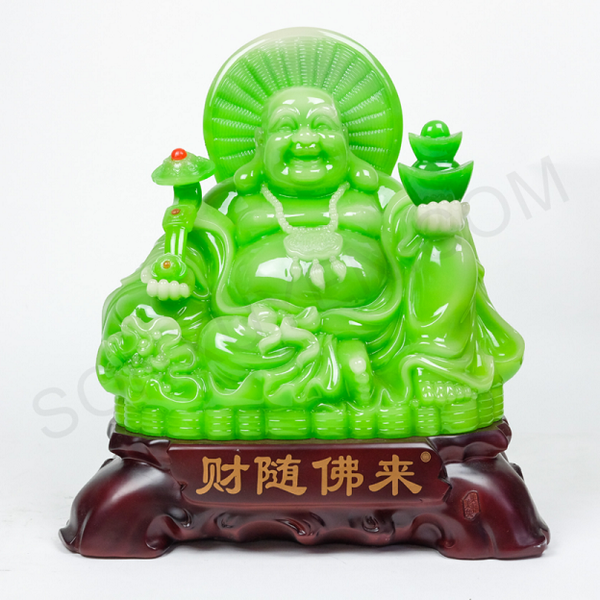 Phật di lặc ngọc xanh ngồi đội nón cao 46 cm, rộng 41 cm