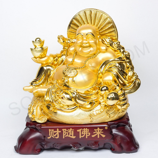 Phật di lặc mạ vàng đội nón cao 46 cm, rộng  41 cm