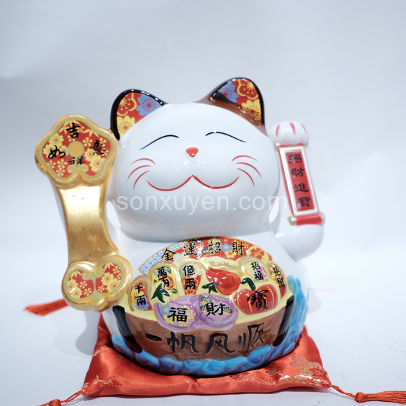 Mèo sứ phúc lộc song toàn tay cầm gậy như ý cao 23 cm dài 25 cm rộng 18 cm