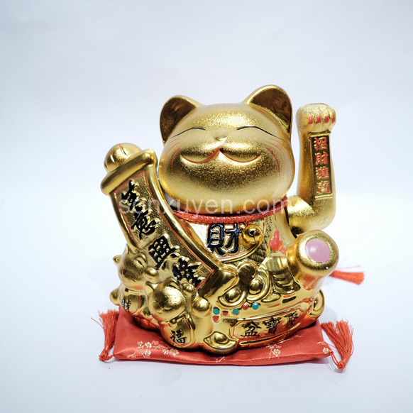 Mèo sứ phúc lộc song toàn tay cầm chữ mạ vàng cao 22 cm dài 25 cm rộng 18 cm