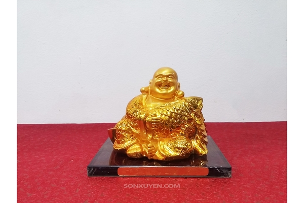 Tượng Phật Di Lặc & Cá Chép Tài Lộc  cao 9 cm rộng 12 cm. Để vừa trên xe ô tô.