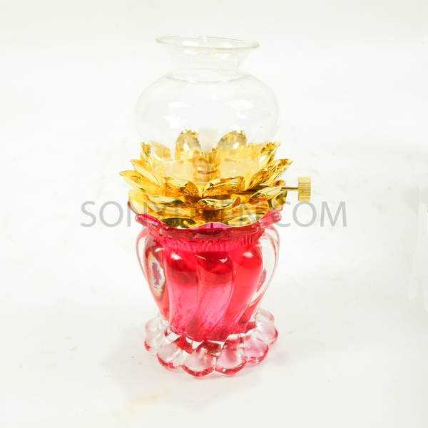 Đèn dầu thủy tinh màu đỏ dáng hoa sen cao 16 cm