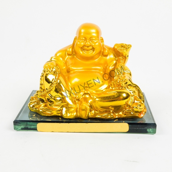 Phật di lặc mạ vàng ngồi có gậy như ý kệ kính cao 9, rộng  13