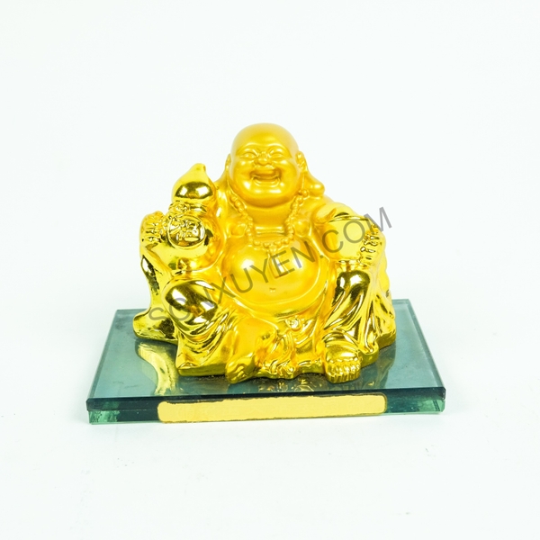Phật di lặc mạ vàng cầm hồ lô và thoi vàng kệ kính cao 8, rộng  13,5