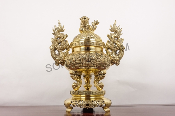 Lư đỉnh Hung Yi Đài Loan Gia tiên tai rồng cao 42 cm. Mã B268. Vĩnh viễn sáng bóng như vàng 18K.