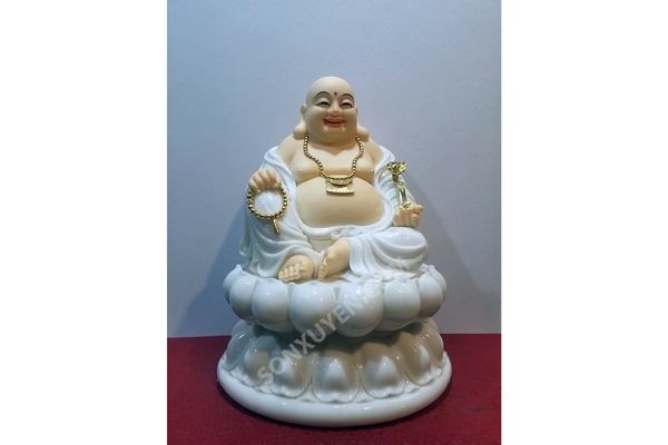 Tượng Phật Di lặc đá trắng cao cấp, mặt đẹp, họa tiết rõ nét