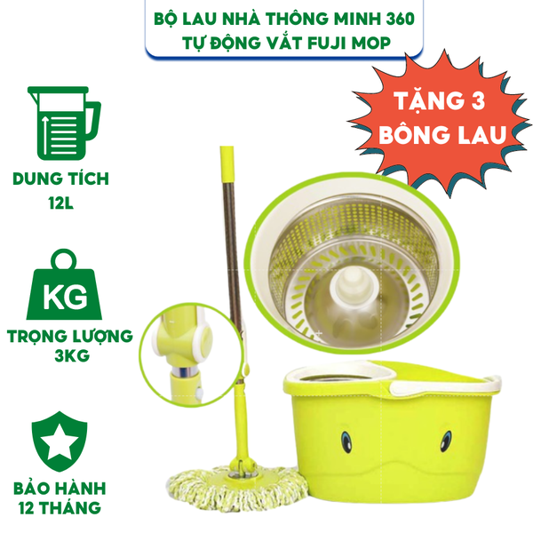 Bộ Cây Lau Nhà Thông Minh 360 Tự Vắt Fuji Mop Công nghệ Nhật Bản - Hàng Chính Hãng - Bảo Hành 12 Tháng