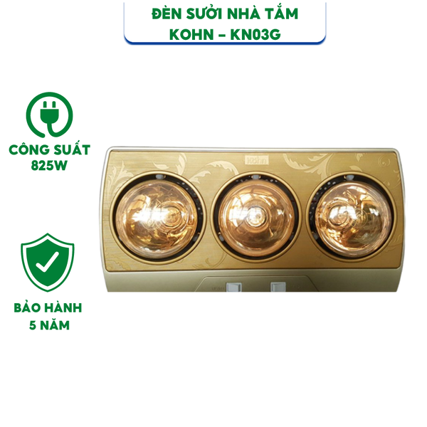 Đèn Sưởi Nhà Tắm Braun Kohn KN03G, 3 Bóng Vàng Chống Chói - HÀNG CHÍNH HÃNG - Bảo Hành 5 Năm