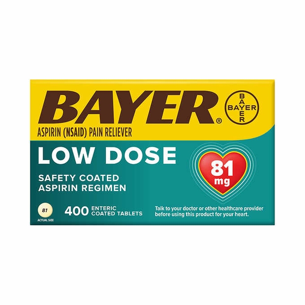 Viên giảm đau và ngăn ngừa nhồi máu cơ tim Bayer Low Dose Aspirin 81mg 400 viên.