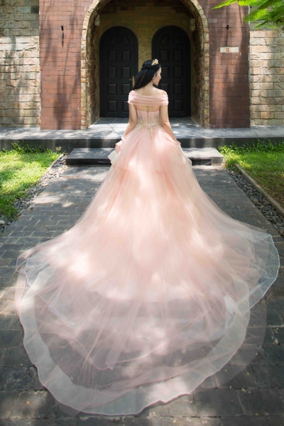 Váy cưới công chúa hồng da trễ vai