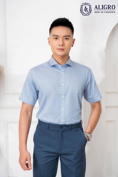 Áo sơ mi cộc tay nam công sở Aligro xanh chấm đen dáng Custom ALGS-C85