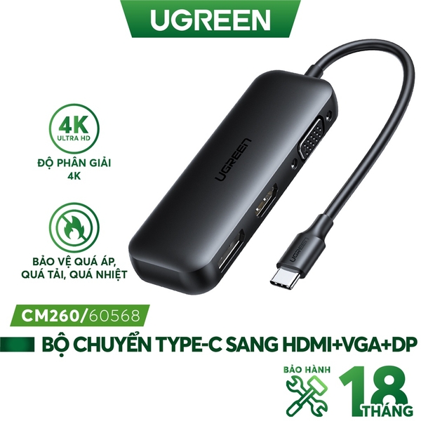 Ugreen 60568 USB Type-C Bộ chuyển đổi sang HDMI + VGA + DP vỏ nhôm màu đen CM260 20060568