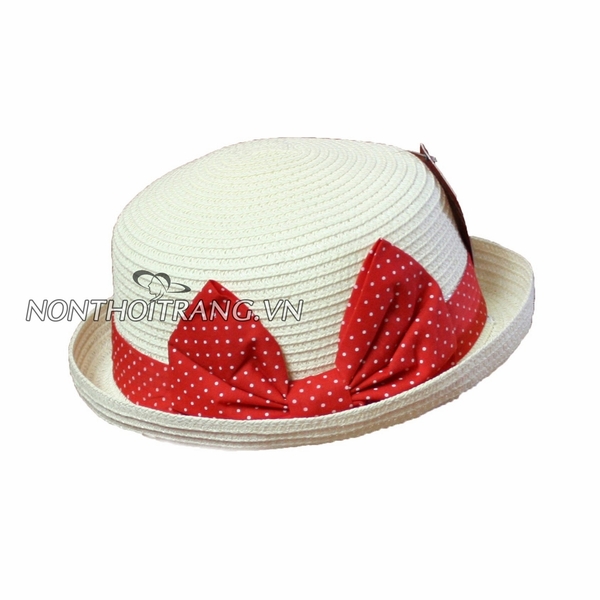 Nón vành cong dây cói nơ chấm bi (NV-VN-DC02)