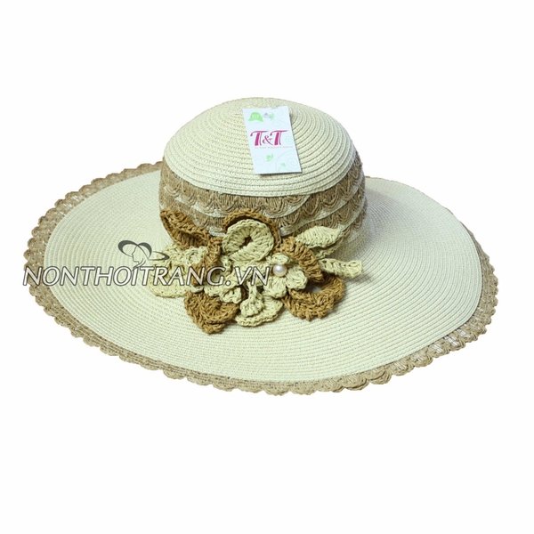 Nón Vành Rộng Dây Cói 2 Bông Len (NV-VR-DC11)