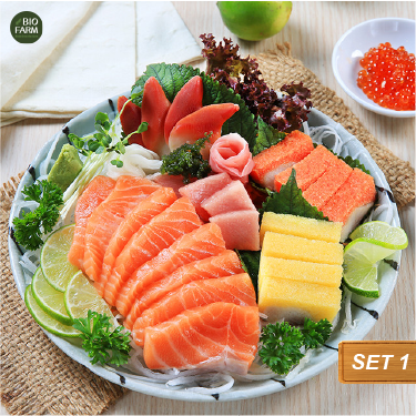 Sashimi 1 – Set Cá hồi, Cá trích ép trứng, Trứng cá hồi, , Sò đỏ