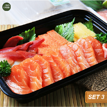 Sashimi 3 – Set Cá hồi, Cá trích ép trứng, Sò đỏ