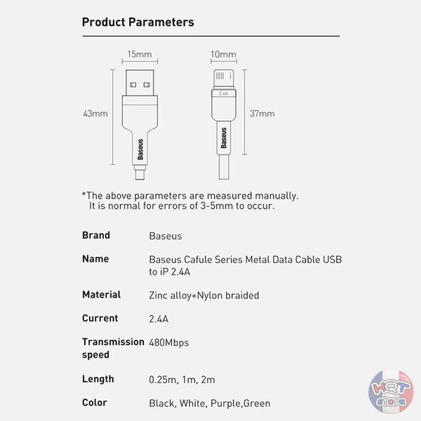 Cáp sạc nhanh USB-A to Lightning Baseus Cafule Series Metal 2.4A