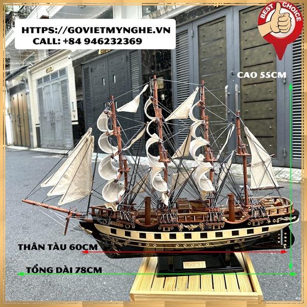 [Dài 78cm] Mô hình thuyền gỗ thuyền trang trí tàu chở hàng France II - Gỗ muồng đen - Thân tàu dài 60cm - Buồm vải bố - Loại xuất khẩu