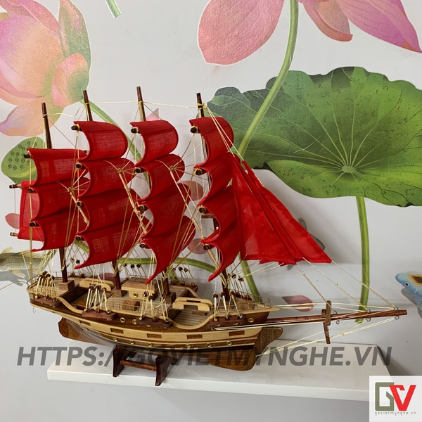 [Dài 55cm] Mô hình tàu thuyền gỗ trang trí phong thủy - France II của Pháp - Thân tàu dài 40cm - Màu Đỏ