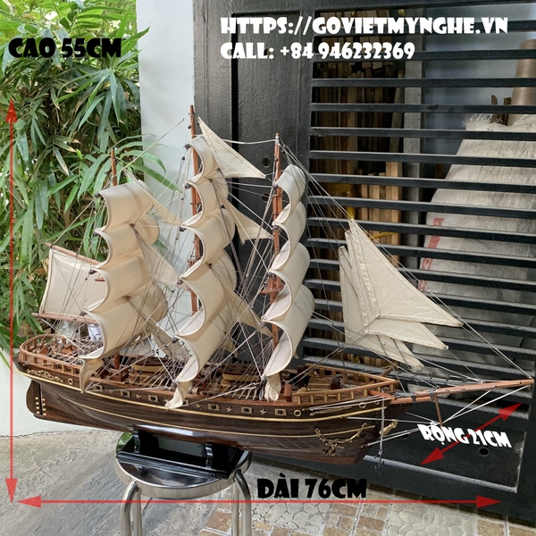 [Dài 76cm - Xuất Khẩu] Mô hình thuyền gỗ thuyền trang trí tàu chiến cổ Cutty Sark - Gỗ muồng đen - Thân tàu dài 60cm - Buồm vải bố